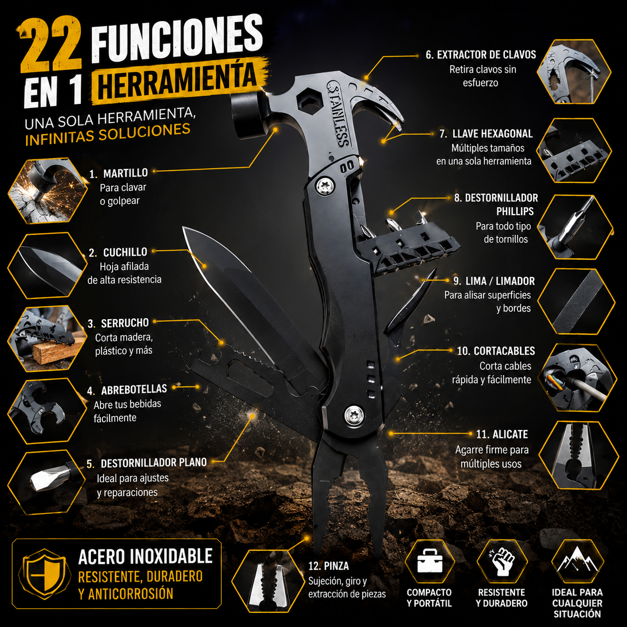 🛠️ Martillo tactico 22 en 1 Funciones - Perfecto para todo!