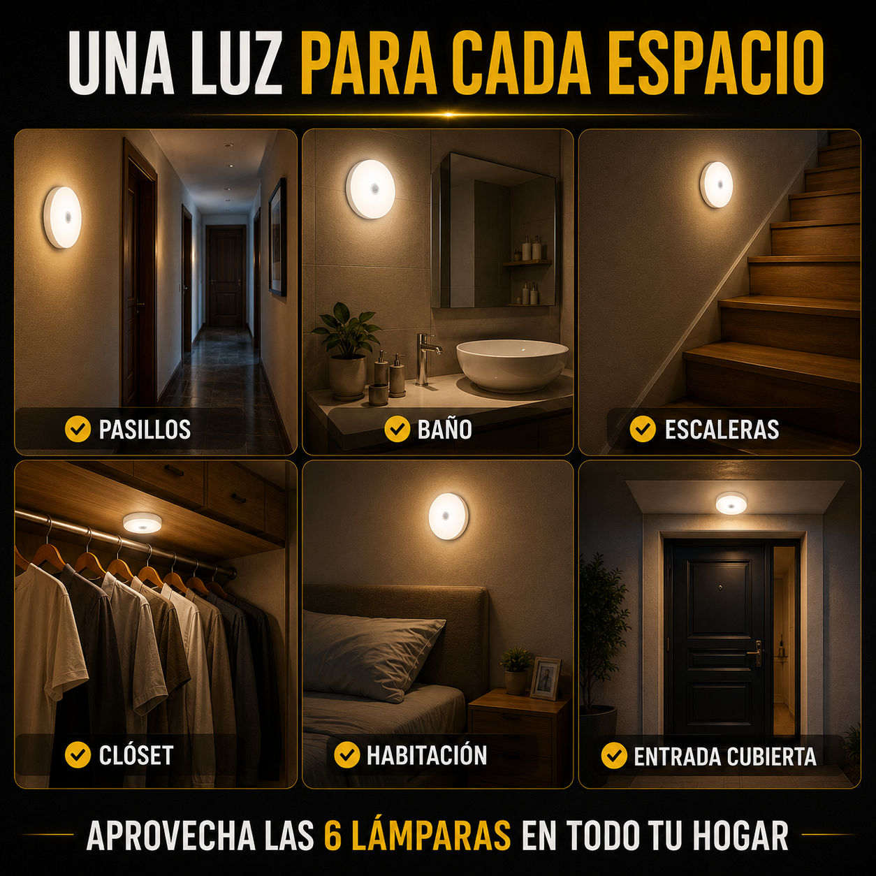 🔦 Kit X6 Lámparas Inteligentes con Sensor de Movimiento + Control Remoto