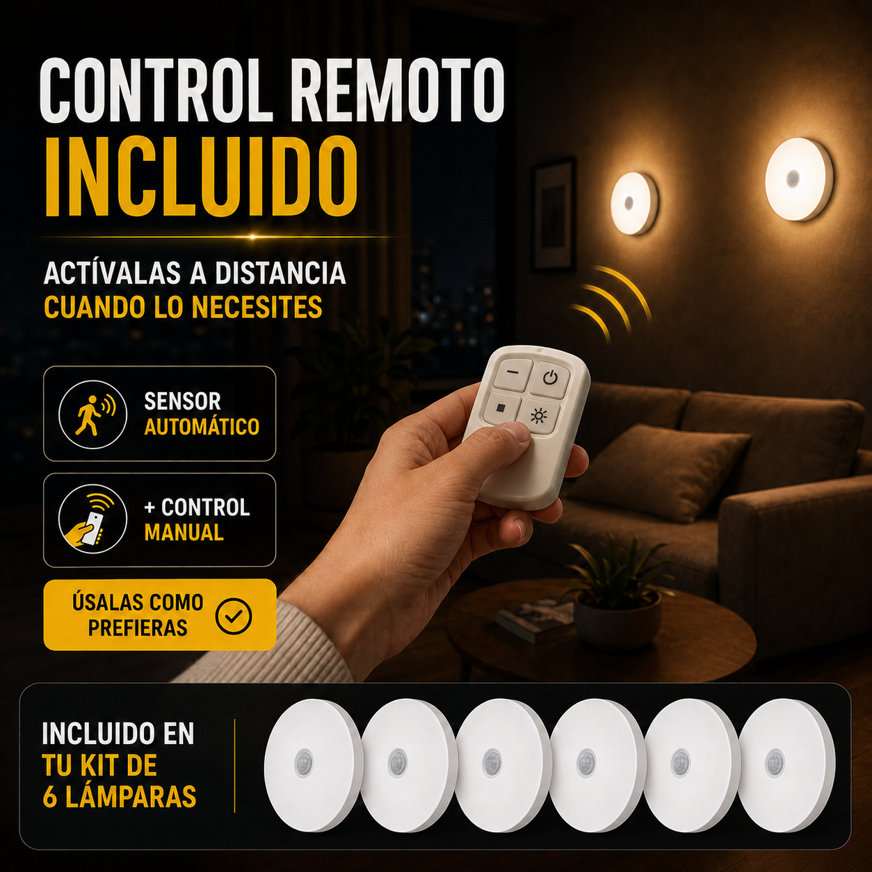 🔦 Kit X6 Lámparas Inteligentes con Sensor de Movimiento + Control Remoto
