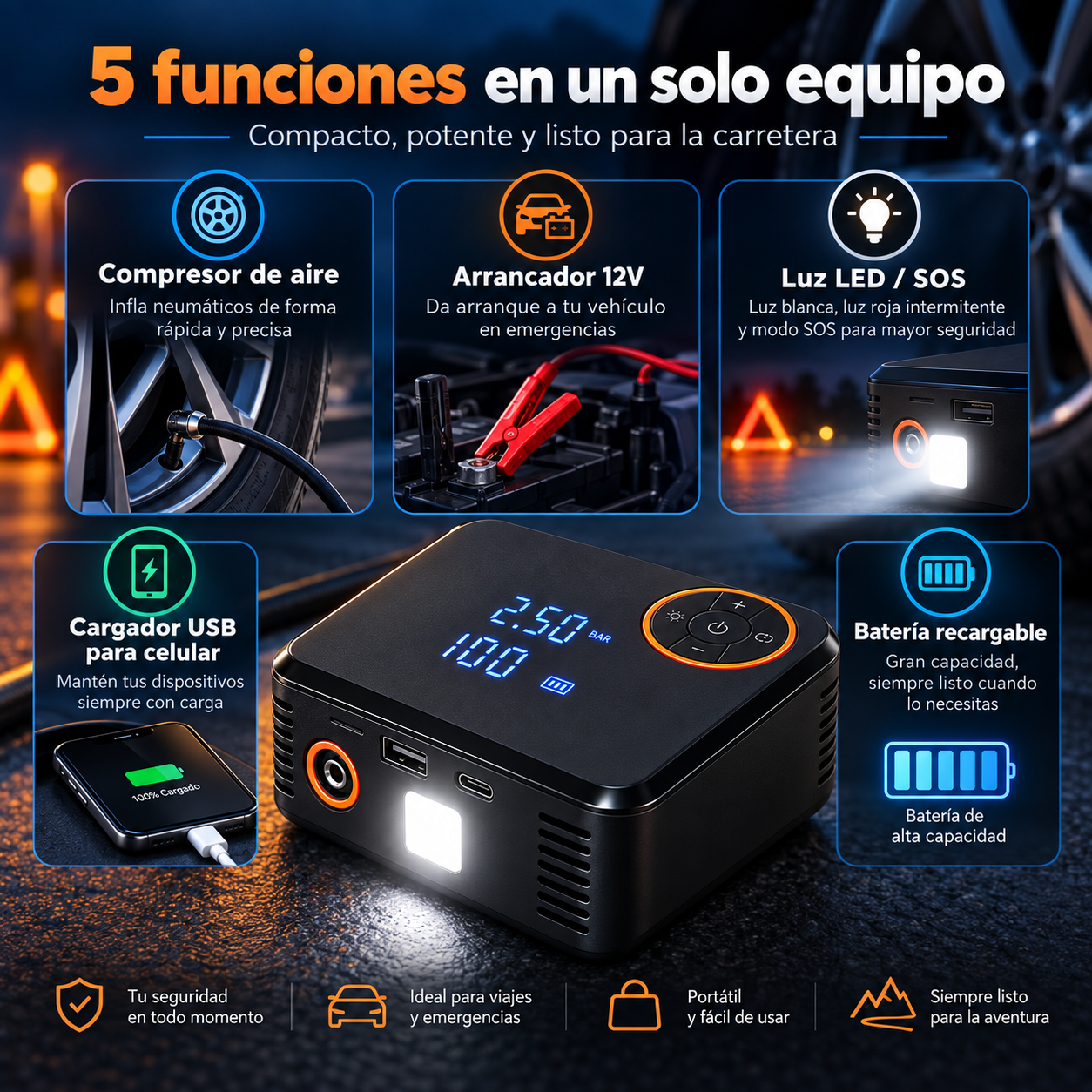 🚗 Potente Iniciador de batería 5 en 1 para carro, moto, celular...
