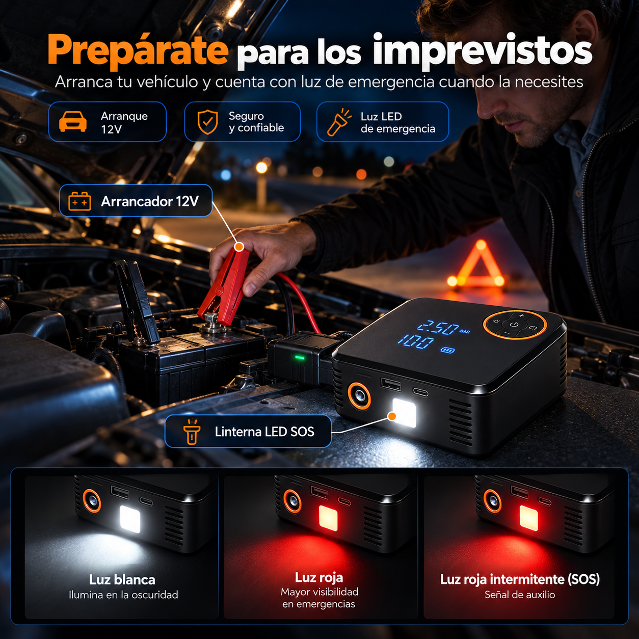 🚗 Potente Iniciador de batería 5 en 1 para carro, moto, celular...