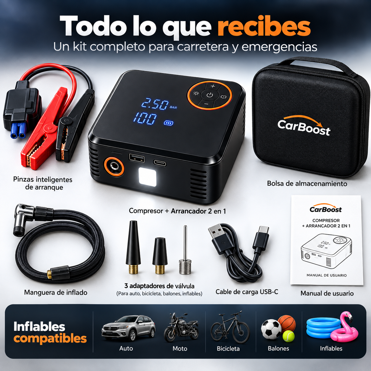 🚗 Potente Iniciador de batería 5 en 1 para carro, moto, celular...