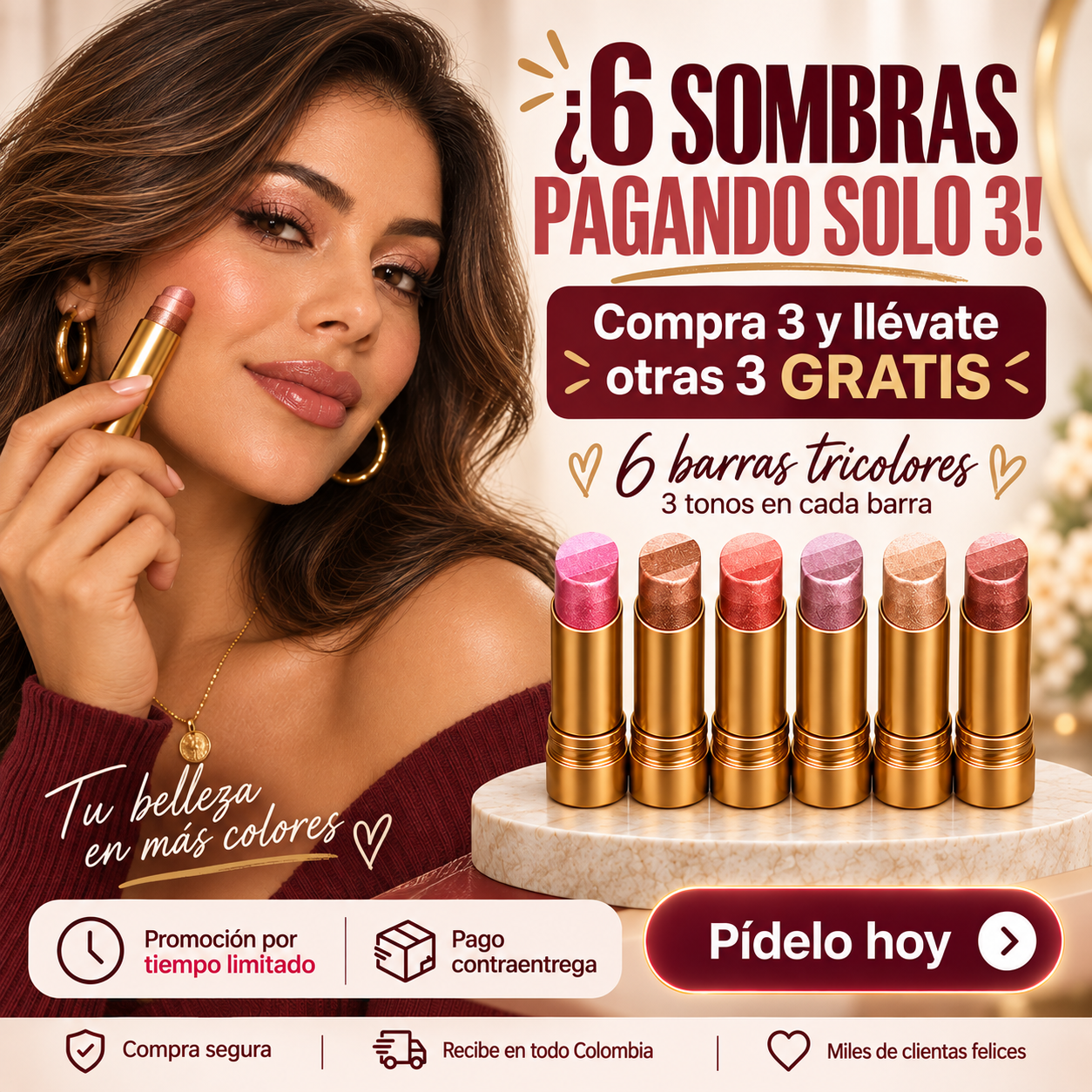 💄 Sombra Facial Tricolor en Barra X3 + 3 GRATIS